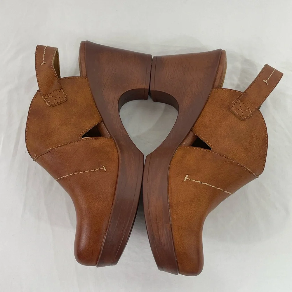 BOC Brown Leather Clogs Slingback Heels 10M Comfort Chunky Heel Mule Shoes Boho - Picture 4 of 9